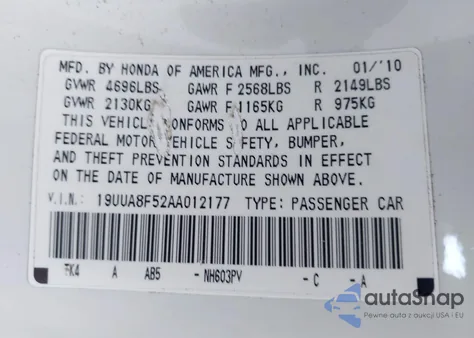 2010 Acura Tl 3.5 from USA, damaged, VIN 19UUA8F52AA012177